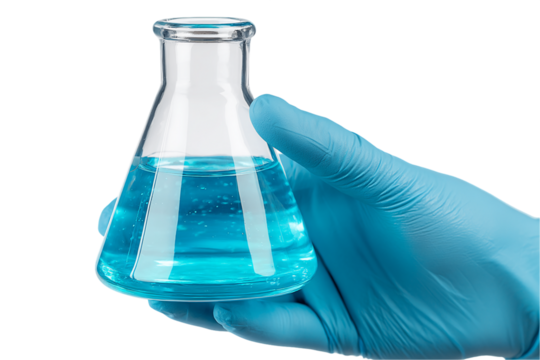 Gloved Hand Holding Erlenmeyer Flask with Blue Liquid, PNG