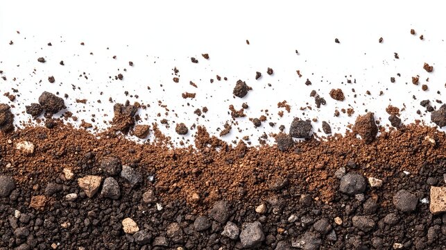 Close-up of dark brown soil and small stones against a white background, showing texture and variation in particle size