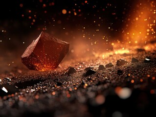 Floating Red Crystal Formation with Golden Particle Effects on Rough Terrain in Dramatic Lighting