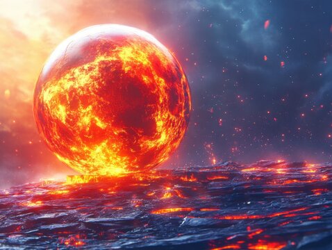 Fiery planet rising over molten lava sea fantasy landscape digital art illustration cosmic event celestial body