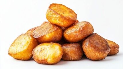 Pile of Golden Brown Roast Potatoes Close Up Studio Shot on White Background Delicious Comfort Food Traditional Side Dish