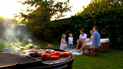 Family enjoying outdoor barbecue in backyard garden at sunset. Grilled vegetables and meat on smoking BBQ grill, warm summer evening picnic scene. - Powered by Adobe