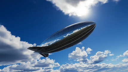 Modern airship with solar panels on the hull. Ecological transport concept