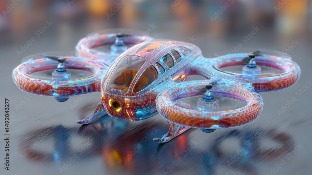 Poster futuristic quadcopter drone with a transparent, illuminated design displayed on a reflective surface