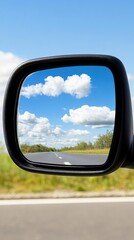 Road trip reflection in car side mirror under blue sky with clouds, travel photography, scenic highway, summer day, freedom and adventure