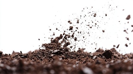 Dark brown soil particles explode against a white background, showcasing texture and movement