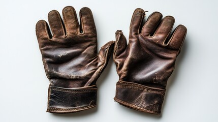 Well-worn brown leather gloves with visible wear and tear, lying flat on a white background.