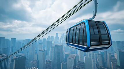 Modern blue cable car cabin suspended on cables against the sky and cityscape. Urban ecological transport