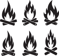 Collection of Stylized Campfire Silhouettes set  with Crossed Logs