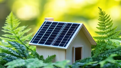 Fototapeta premium Miniature wooden house with solar panels on a bed of lush greenery