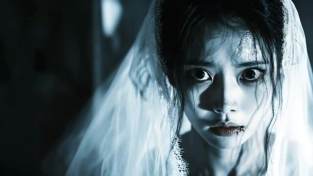 Mysterious scary bride draped in delicate white veil, dimly lit background. Mystique dead woman story. Haunting bridal day, mystery, eerie girl in white dress want revenge .