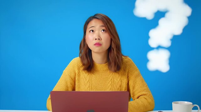 Confused Asian Woman with Laptop and Large Question Mark