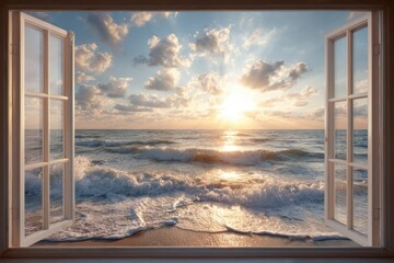 Ocean breeze window frame concept. Scenic ocean view through open windows at sunset