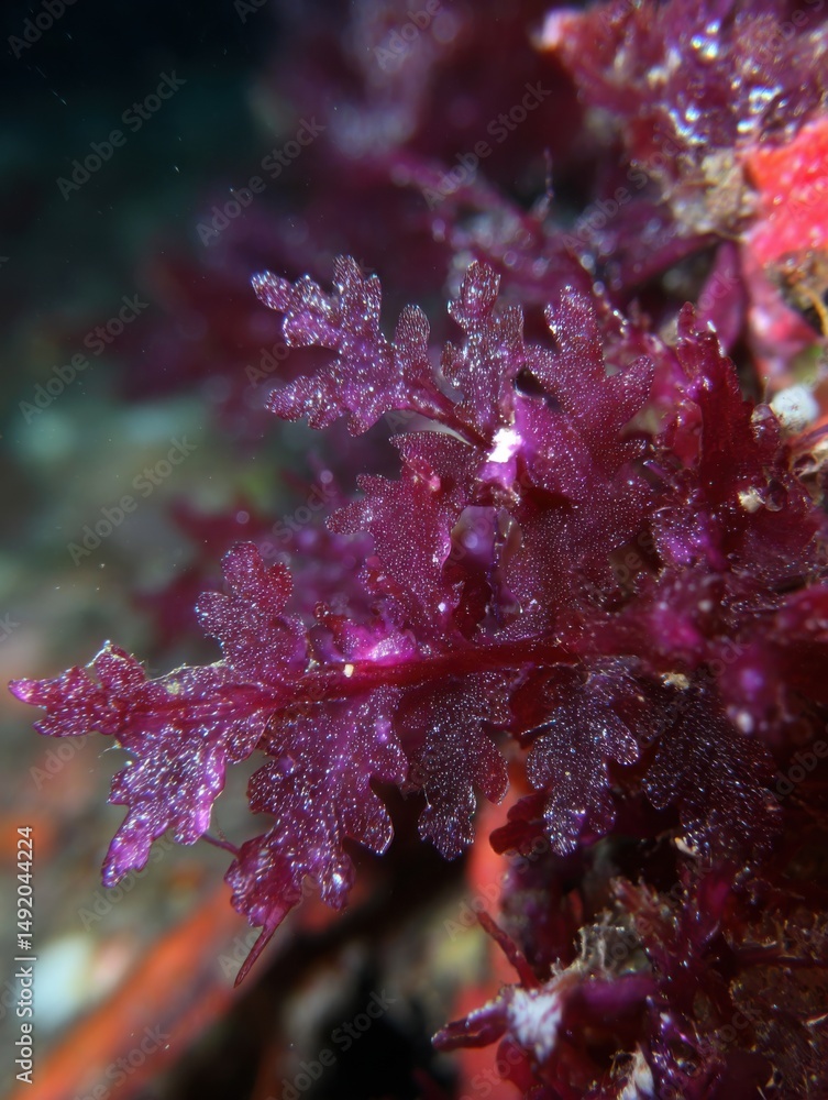 Poster close up of red algae growing underwater in the ocean with a macro lens and shallow depth of field