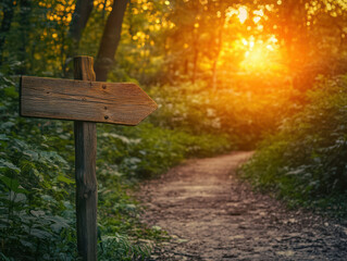 Wooden Signpost in Sunlight Trail: A solitary wooden signpost with an arrow points along a sun-drenched trail. Capture a sense of direction, hope, and adventure as the sun shines through the trees.