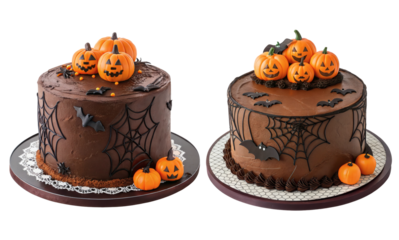Two Halloween chocolate cake with small jack o lantern, spider web, bats on transparent background.