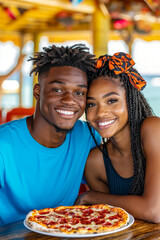 A man and a woman sitting at a table with a pizza