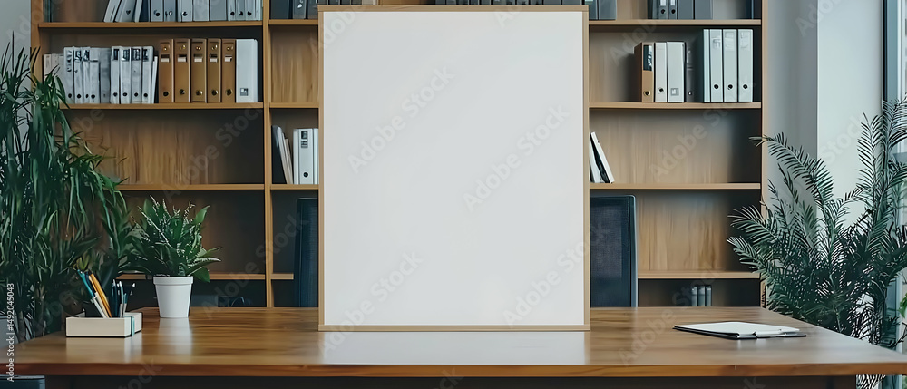 Poster empty office workspace with blank frame