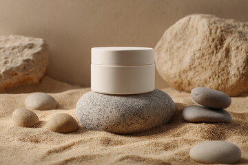 A white skincare jar sits on beach sand among smooth stones, symbolizing purity, natural care and the calm energy of mineral-based beauty rituals.

