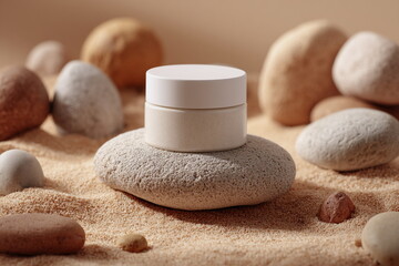 A white skincare jar sits on beach sand among smooth stones, symbolizing purity, natural care and the calm energy of mineral-based beauty rituals.

