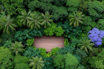 Aerial view of a tranquil wooden deck surrounded by lush greenery and diverse tropical plants creating a serene oasis highlighting nature's beauty and harmony in an idyllic environment