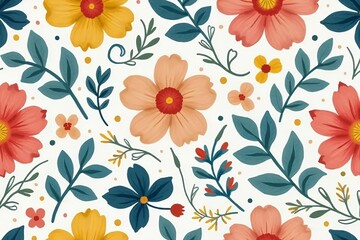 Playful hand-painted seamless pattern with multi-colored blossoms in pastel coral, teal, canary yellow, and navy blue. 