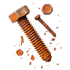 isolated transparent Background. Rusty bolt and screw with corroded surface and scattered rust flakes isolated on white