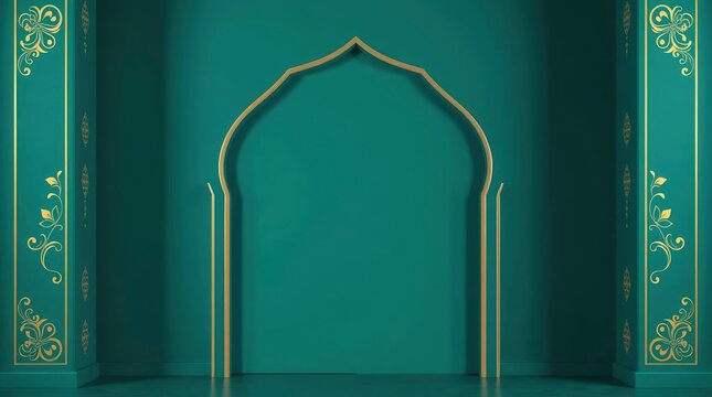 A majestic islamic archway in vibrant teal with intricate gold detailing creates a serene scene.