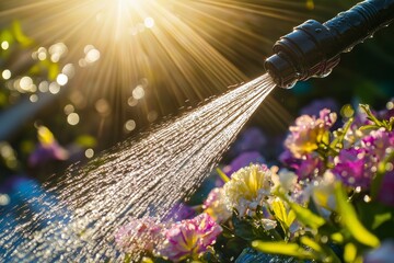 Close-up of a garden watering hose with a sprayer nozzle, releasing a fine mist of sparkling water onto vibrant blooming flowers.
