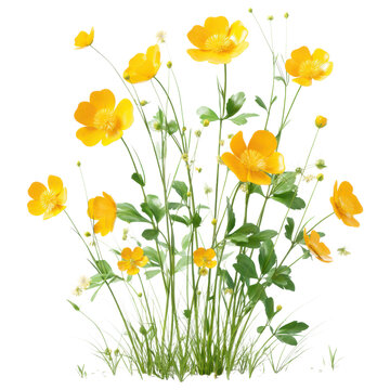 isolated transparent Background. Yellow wildflower bouquet with green leaves and grass in natural bright light