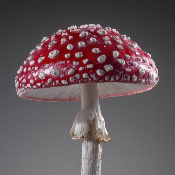Isolated fly agaric mushroom close up studio shot against grey background featuring cap gills stem and volva