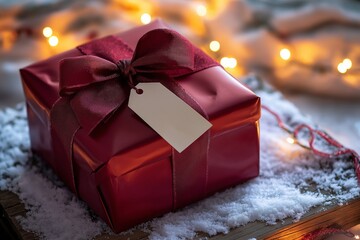 Elegant Christmas gift box wrapped in glossy red paper with a silky ribbon and a blank tag, placed on a snow-dusted wooden surface with soft glowing fairy lights in the background.