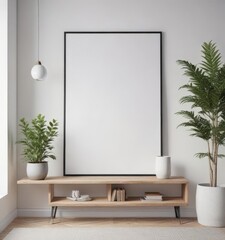 Modern minimalist interior, poster mockup on white wall,  wall decor,  high resolution,  contemporary