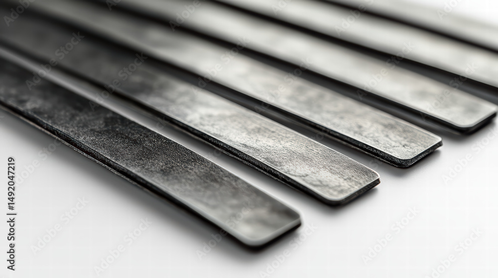 Poster metallic strips: a close-up shot of evenly arranged metal strips, each displaying a unique texture, 