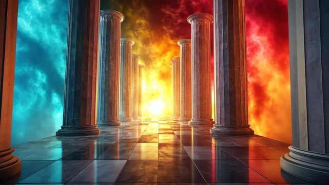 A majestic colonnade with fiery and icy clouds, a checkered floor reflects the surreal scene