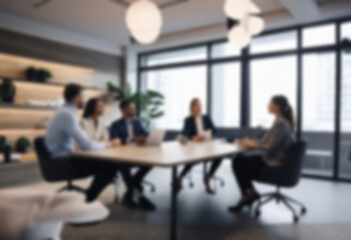 having a meeting in a blurry office, the atmosphere of a group of people having a meeting in a natural-themed, modern office with a wooden table, with a blurry office background