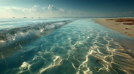 Seashore Bliss: An eye-level shot capturing the beautiful convergence of crystal-clear turquoise water meeting the sun-kissed shore. the scene encapsulates the peace and beauty of a perfect beach.