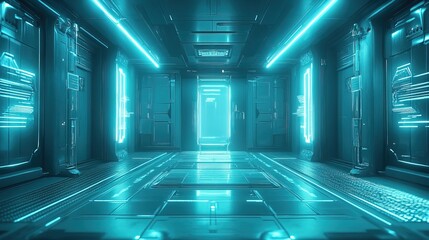 A futuristic VR escape room in the metaverse, glowing digital puzzles