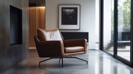Modern space featuring brown leather chair with sleek lines