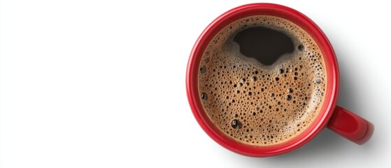 Overhead shot of fresh brewed coffee in a red mug on a white background showing rich foam and dark liquid