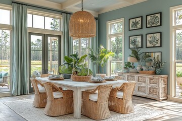 Coastal farmhouse dining room with wicker chairs, white oak table, large chandelier, blue walls, green curtains, and spring potted plants