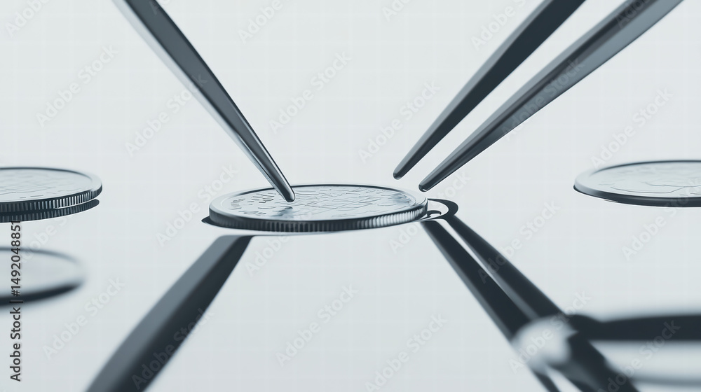 Poster precision in finance: close-up shot of meticulous tweezers precisely manipulating a coin, emphasizin