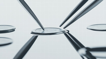 Precision in Finance: Close-up shot of meticulous tweezers precisely manipulating a coin, emphasizing precision in the financial domain and careful handling of currency.