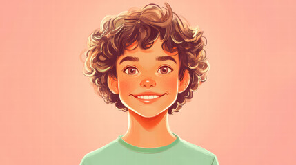 Portrait of Joyful Boy: A heartwarming digital illustration presents a cheerful boy with curly hair and a radiant smile, set against a soft background.