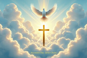 Divine Dove Descending A Christian Cross in Heavenly Clouds