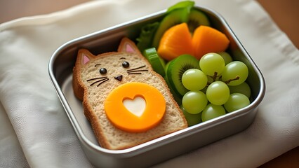 Adorable Cat-Shaped Sandwich Kids Lunchbox Bento Box with Fruits