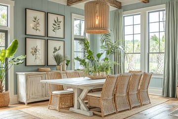 Coastal farmhouse dining room with wicker chairs, white oak table, large chandelier, blue walls, green curtains, and spring potted plants