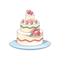 Tiered wedding cake with flower and heart. Vector confectionary with floral decoration. Romantic dessert for nuptial celebration. Greeting or invitational card element. Holiday, celebration. Marriage.