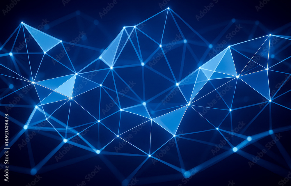 Poster dark blue polygonal network with bright triangular facets and glowing connection points forming soph