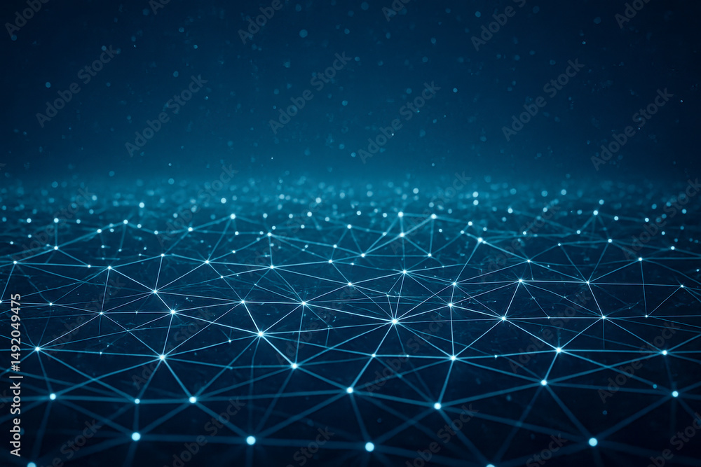 Wall mural network digital connections glowing on dark blue surface with particle rain above creating futuristi